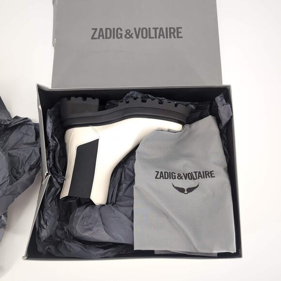 ZADIG & VOLTAIRE Ride Patent Leather Ecru & Black Chelsea Boots - Size 39 - NIB - Picture 1 of 15
